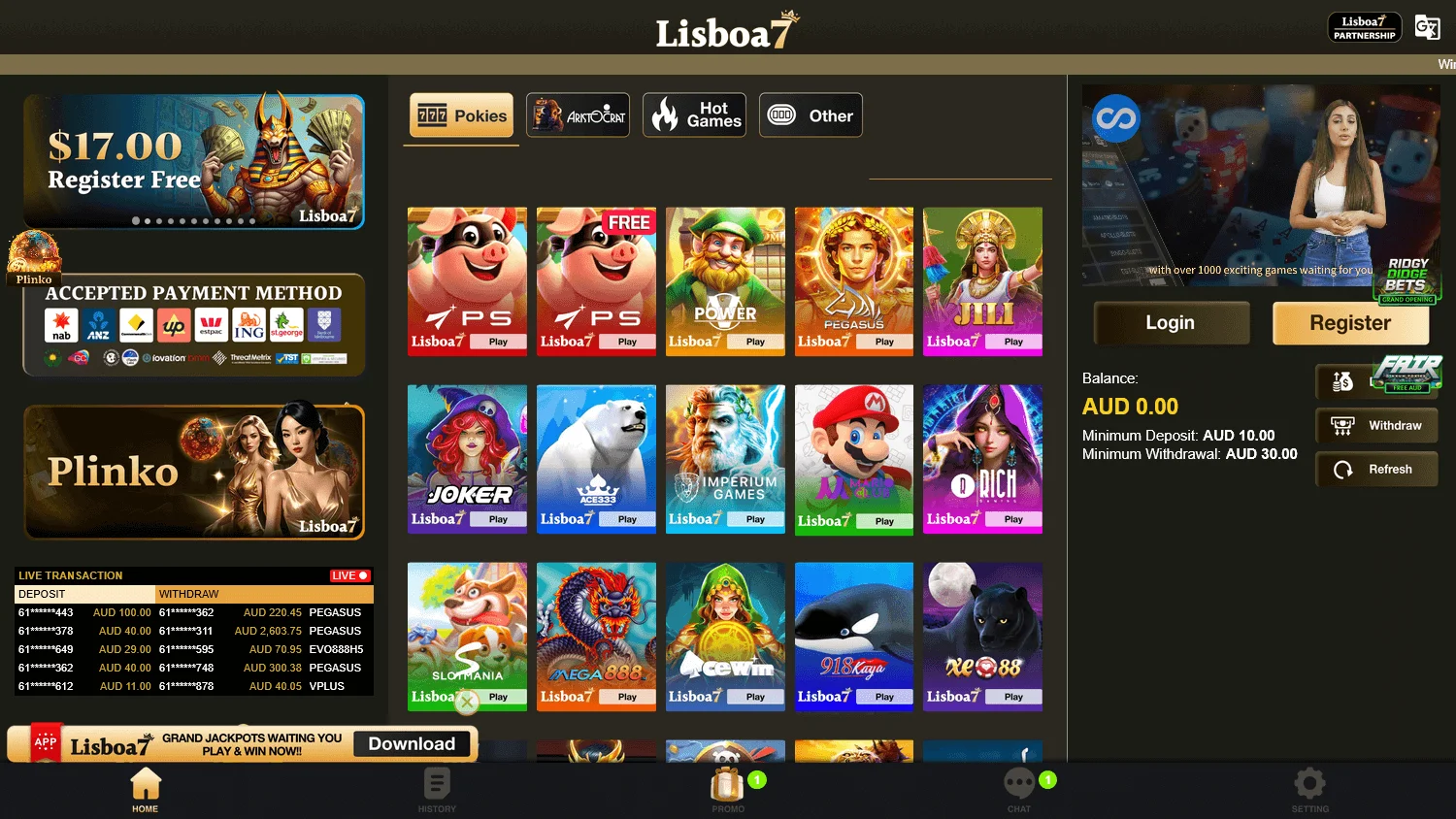 Lisboa7 Casino games area on desktop