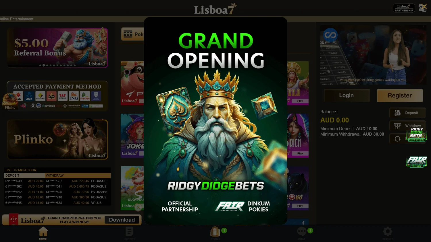Lisboa7 Casino home page on desktop